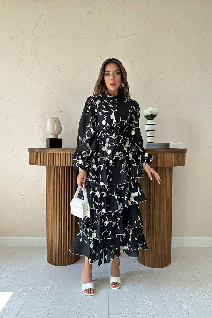 ELS Toptan Siyah Beyaz Kat Kat Kuşaklı Elbise - Rezé