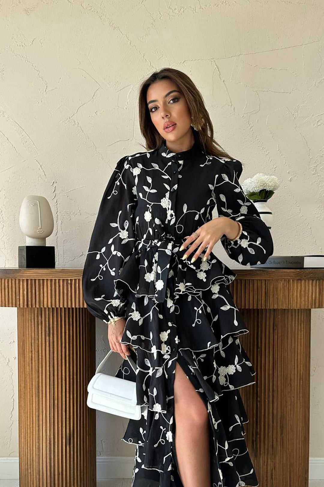 ELS Toptan Siyah Beyaz Kat Kat Kuşaklı Elbise - Rezé