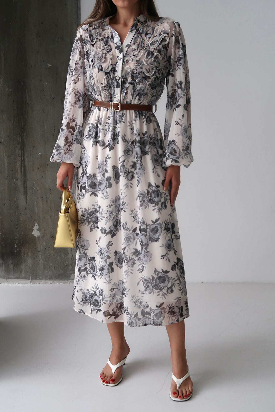 ELS Toptan Siyah Biye Detaylı Elbise - Rezé