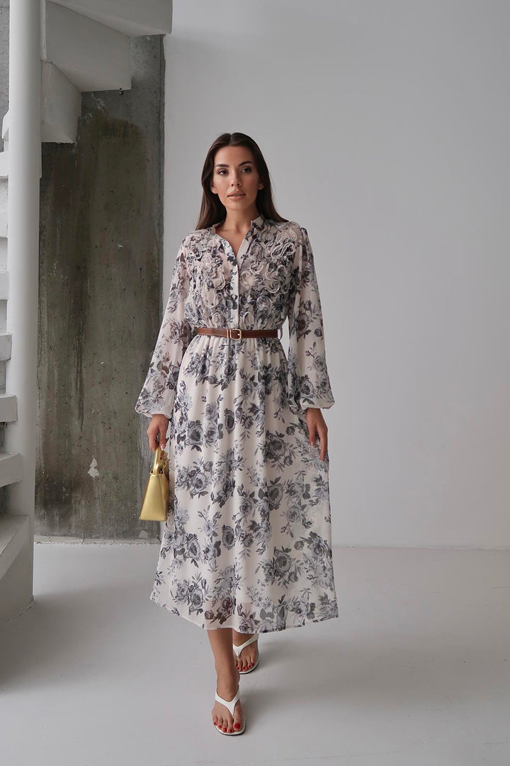 ELS Toptan Siyah Biye Detaylı Elbise - Rezé