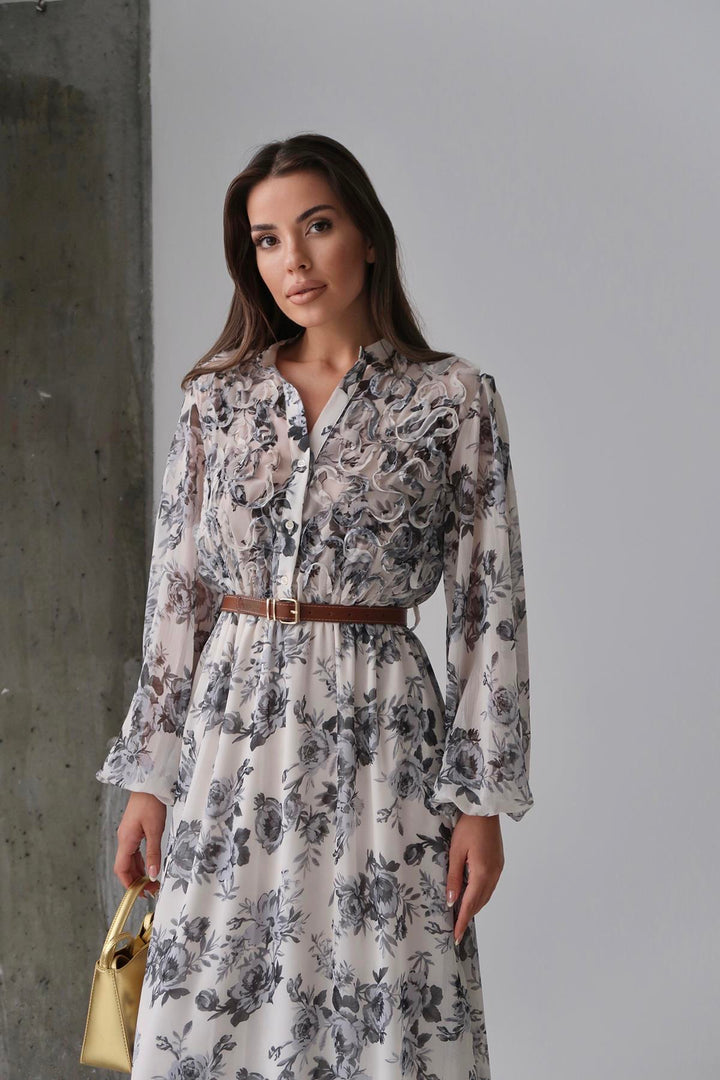 ELS Toptan Siyah Biye Detaylı Elbise - Rezé