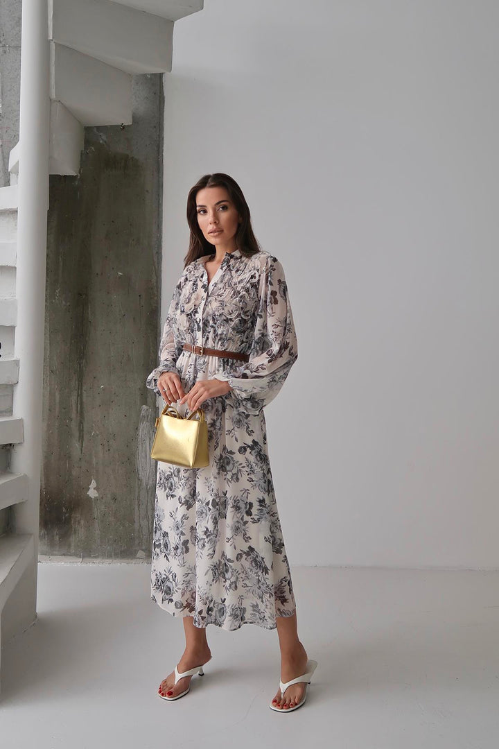 ELS Toptan Siyah Biye Detaylı Elbise - Rezé