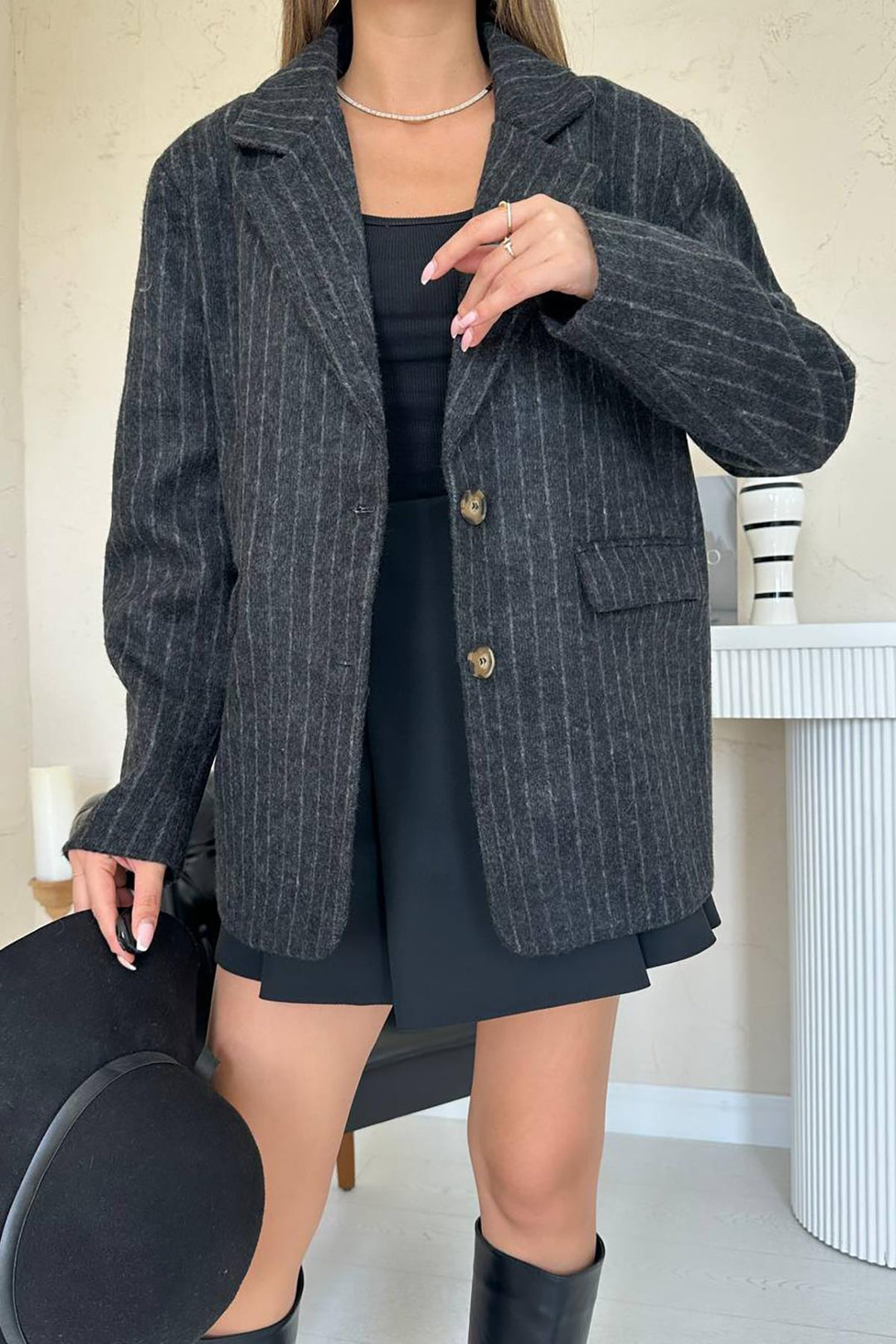 ELS Toptan Siyah Çizgili Yün Ceket - Reynosa