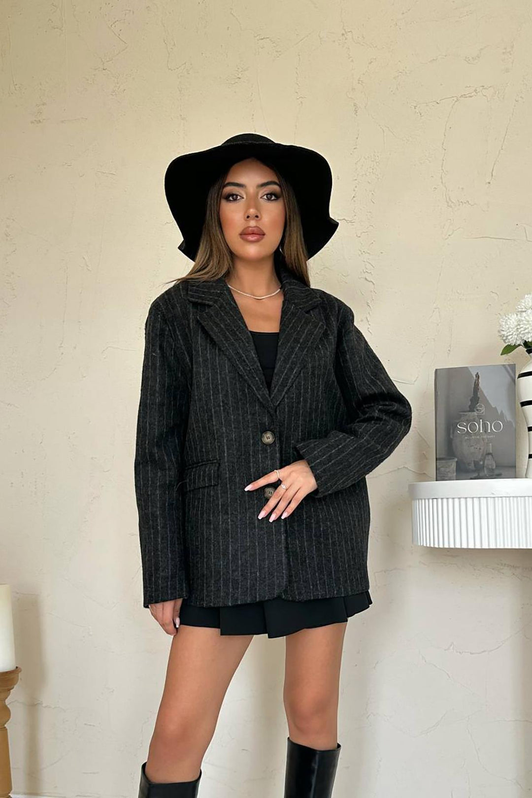 ELS Toptan Siyah Çizgili Yün Ceket - Reynosa