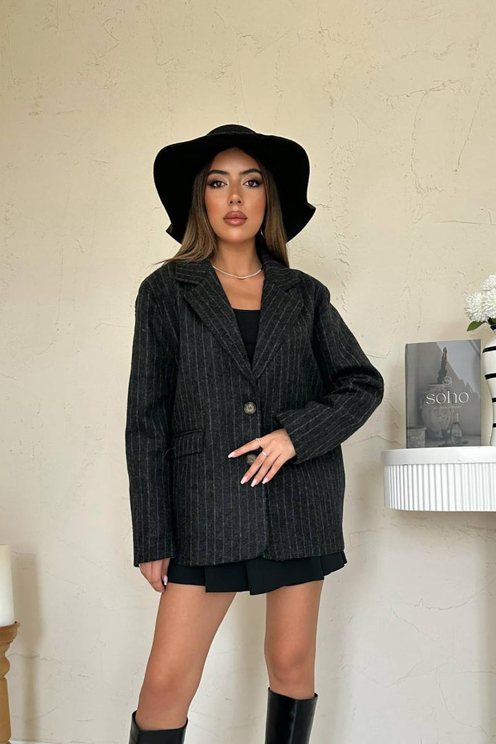 ELS Toptan Siyah Çizgili Yün Ceket - Reynosa