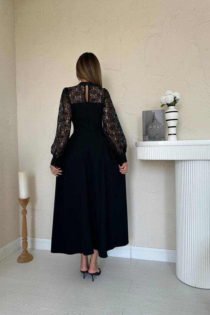 ELS Wholesale Black Lace Trimmed Ruched Satin Dress - Chelmsford