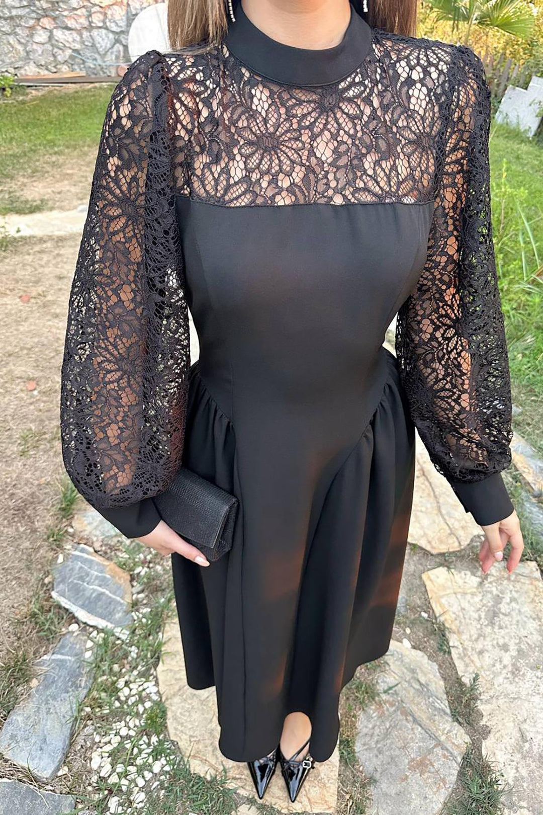 ELS Toptan Siyah Dantel Garnili Büzgülü Atlas Elbise - Northampton