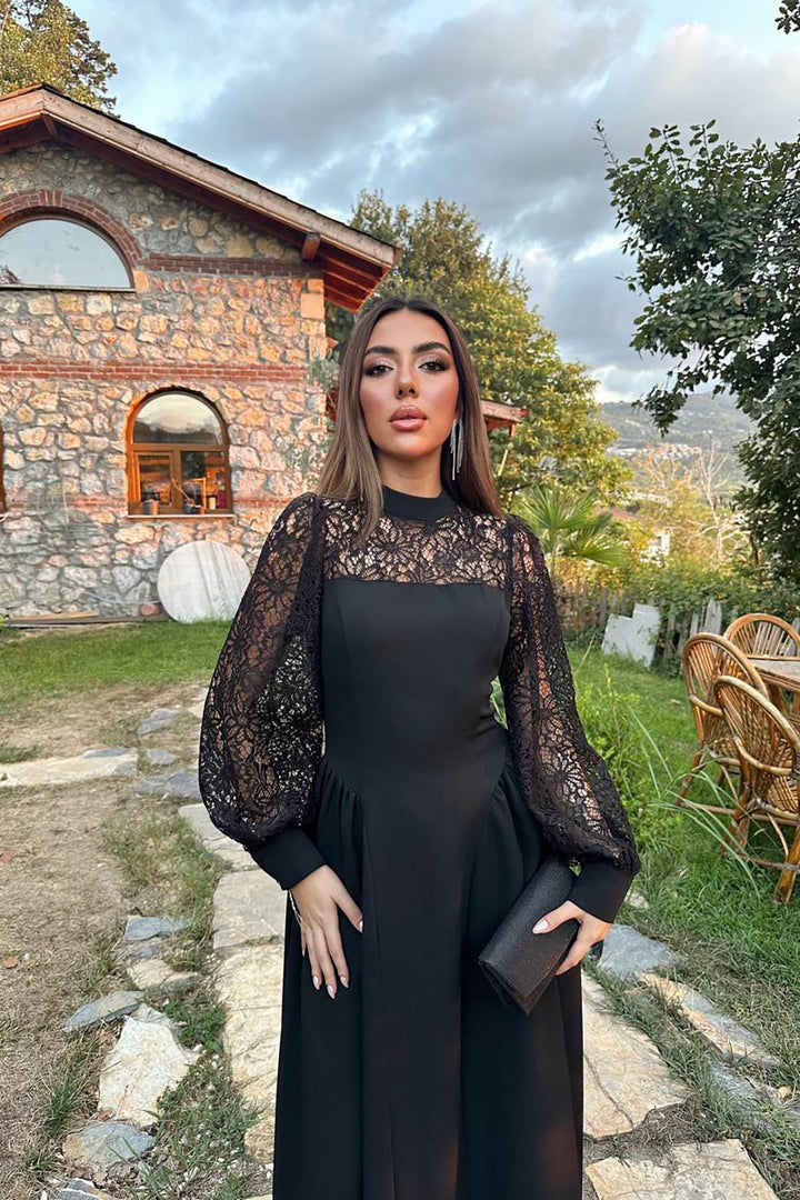 ELS Toptan Siyah Dantel Garnili Büzgülü Atlas Elbise - Northampton