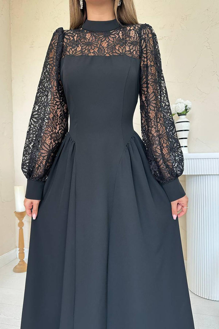 ELS Wholesale Black Lace Trimmed Ruched Satin Dress - Chelmsford