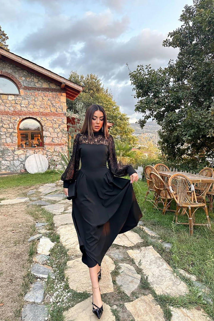 ELS Toptan Siyah Dantel Garnili Büzgülü Atlas Elbise - Northampton