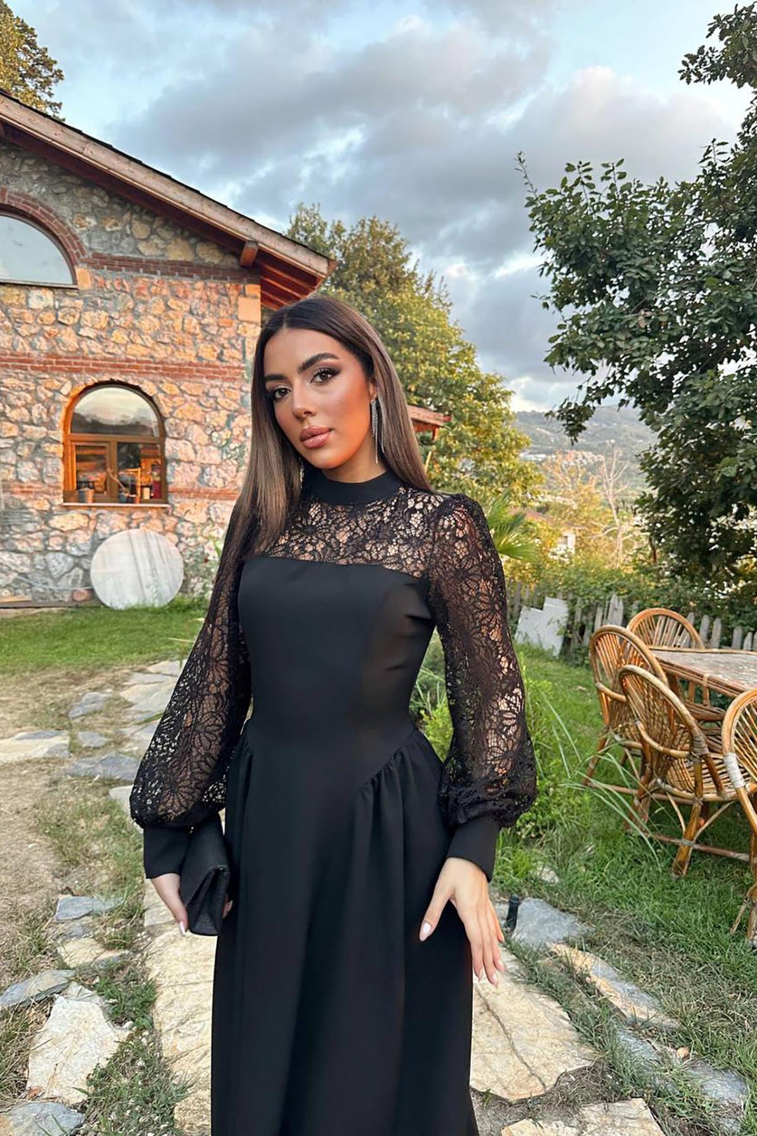 ELS Toptan Siyah Dantel Garnili Büzgülü Atlas Elbise - Northampton