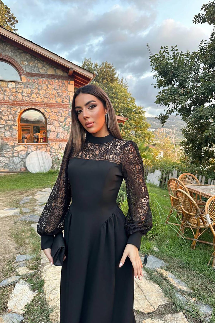 ELS Toptan Siyah Dantel Garnili Büzgülü Atlas Elbise - Northampton