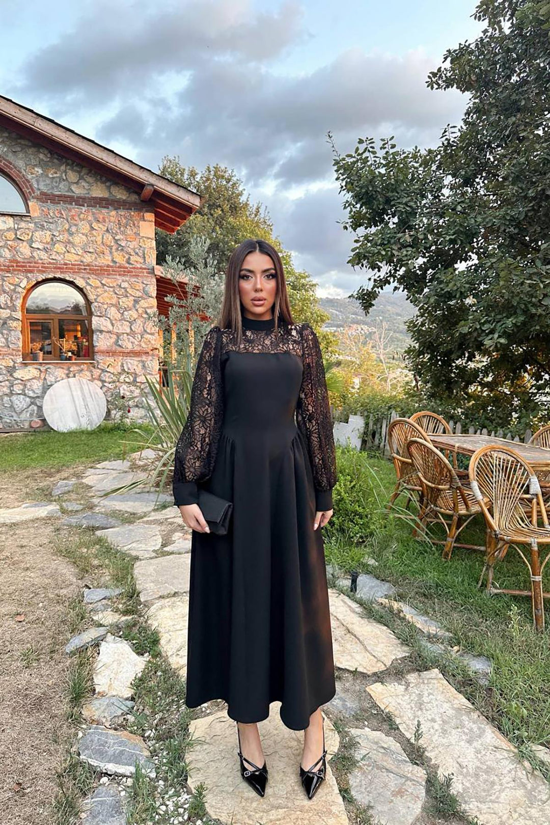 ELS Toptan Siyah Dantel Garnili Büzgülü Atlas Elbise - Northampton