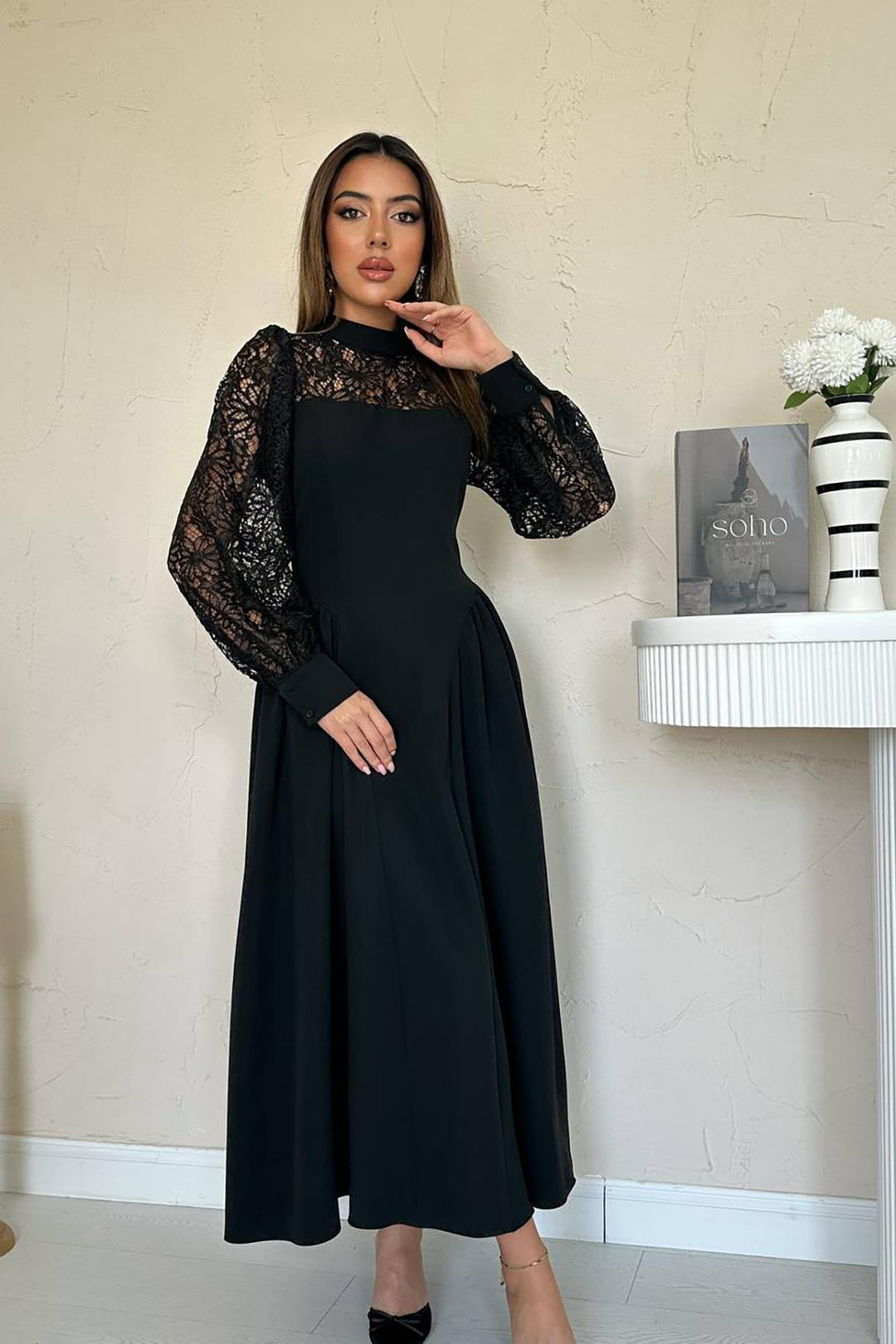 ELS Wholesale Black Lace Trimmed Ruched Satin Dress - Chelmsford