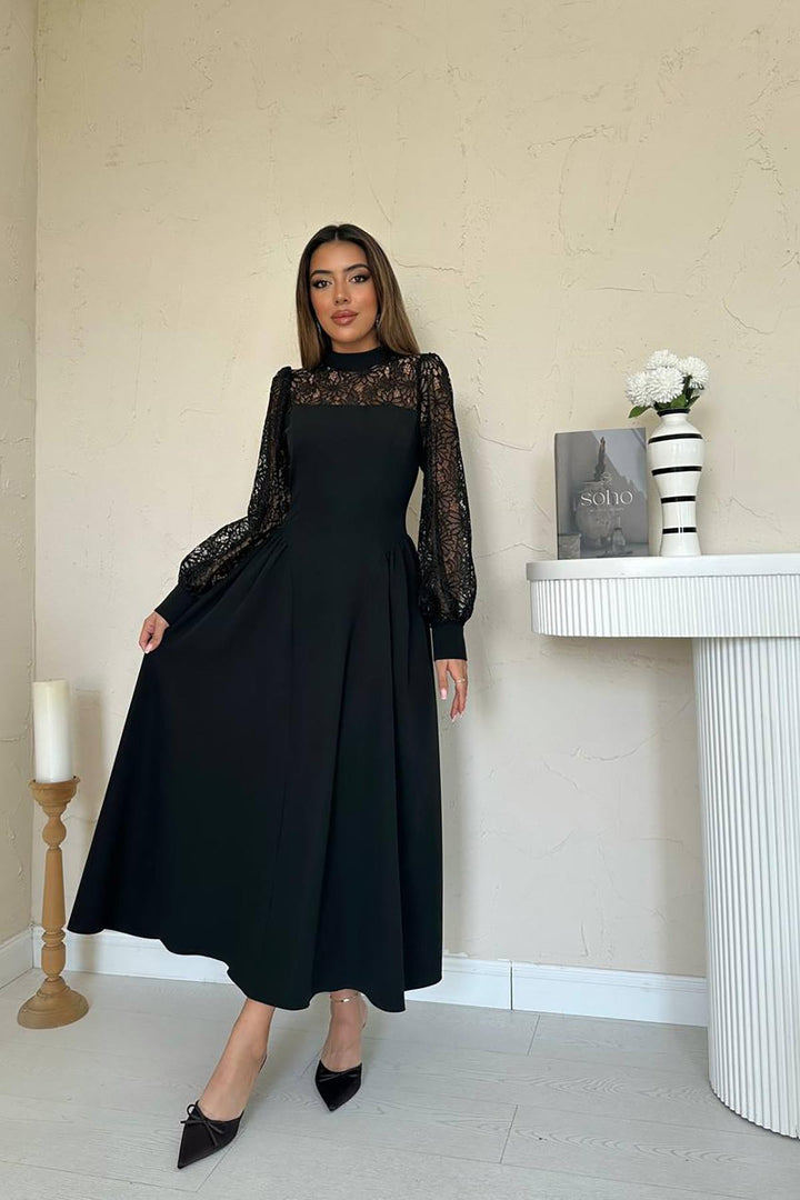 ELS Wholesale Black Lace Trimmed Ruched Satin Dress - Chelmsford