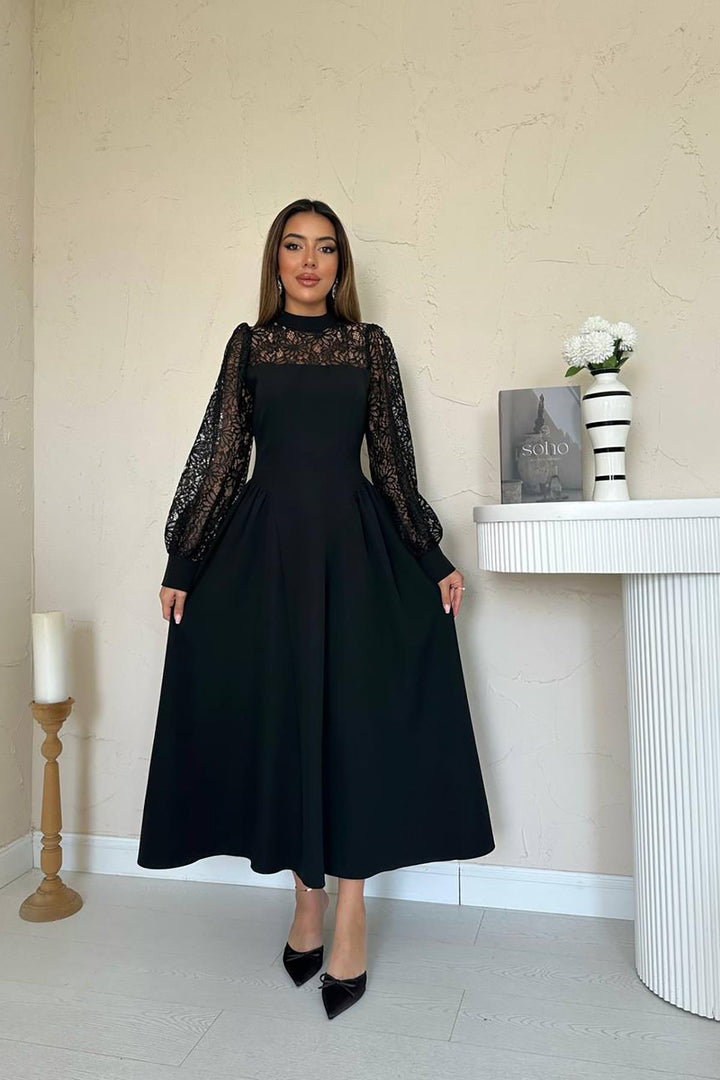 ELS Wholesale Black Lace Trimmed Ruched Satin Dress - Chelmsford