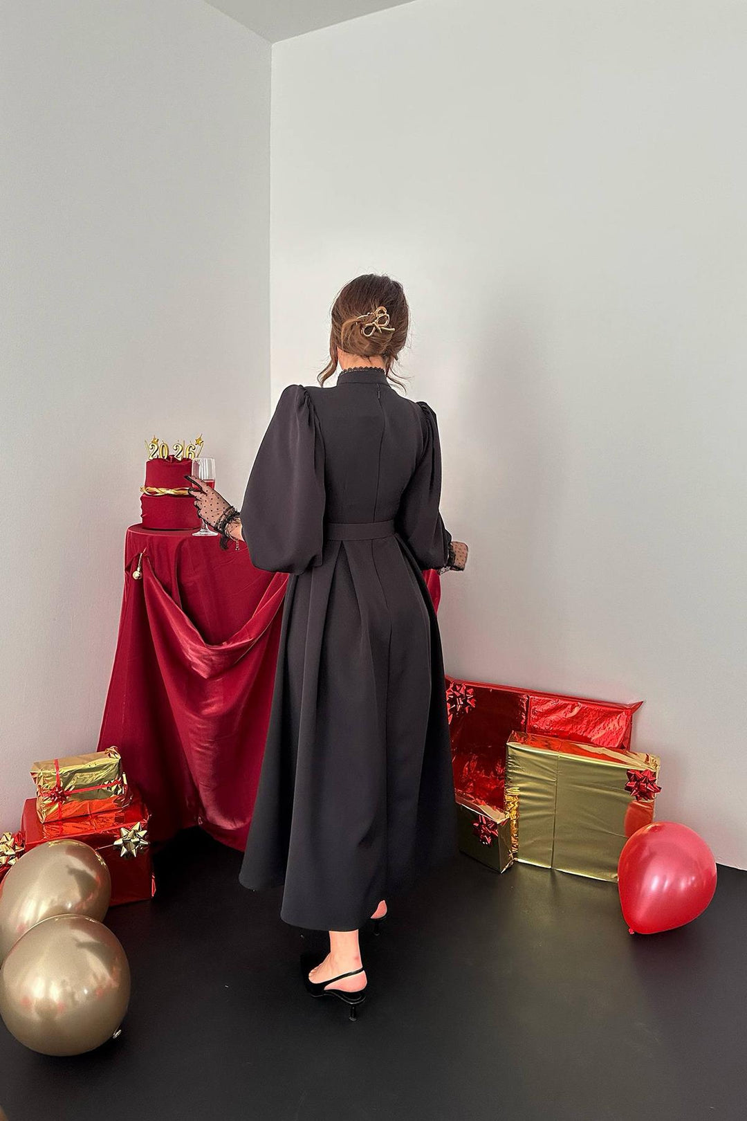 ELS Toptan Siyah Dantelli Kuplu Elbise - Trenton