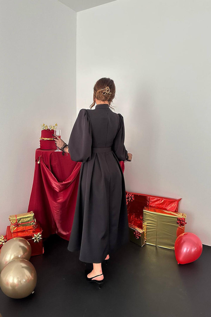 ELS Toptan Siyah Dantelli Kuplu Elbise - Trenton