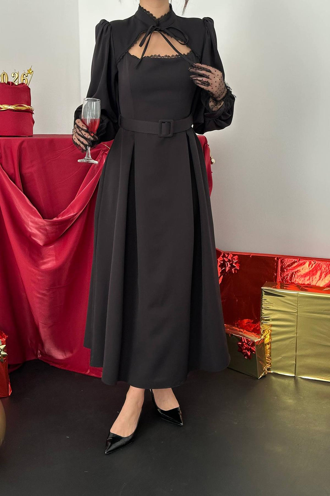 ELS Toptan Siyah Dantelli Kuplu Elbise - Trenton