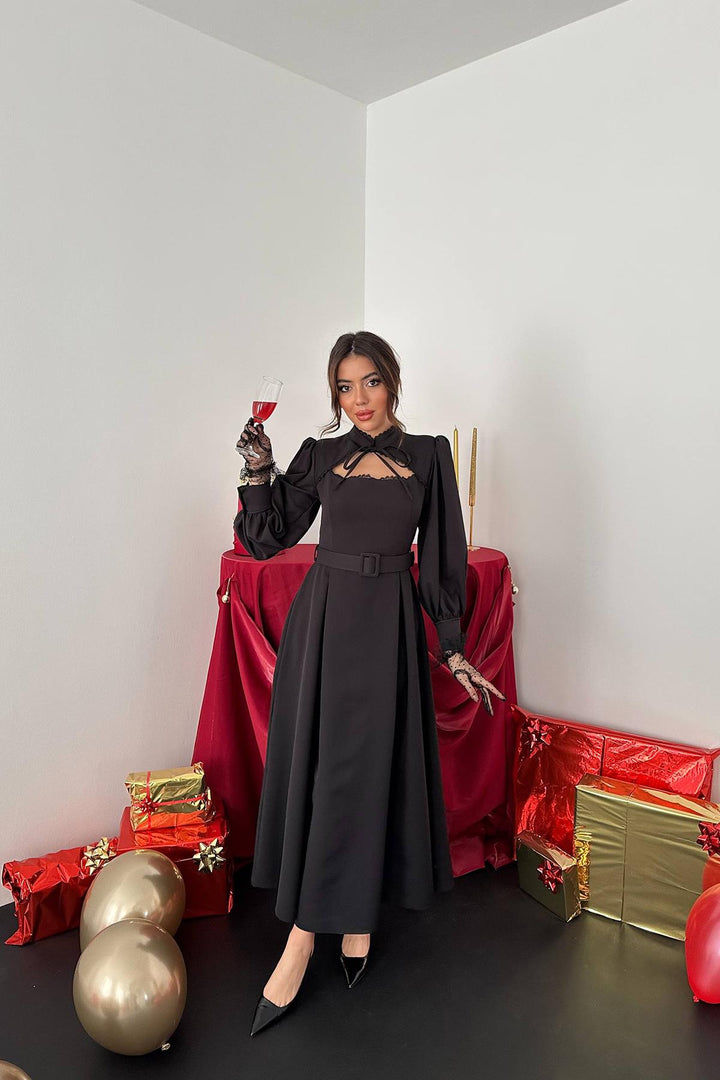 ELS Toptan Siyah Dantelli Kuplu Elbise - Trenton