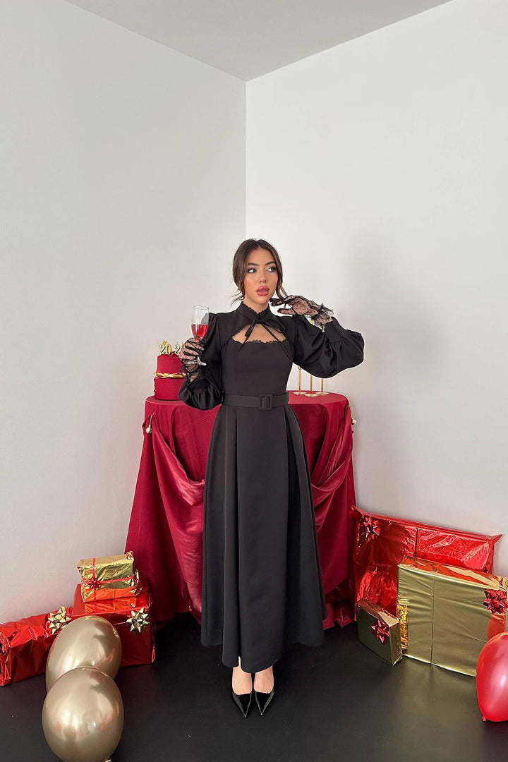 ELS Toptan Siyah Dantelli Kuplu Elbise - Trenton