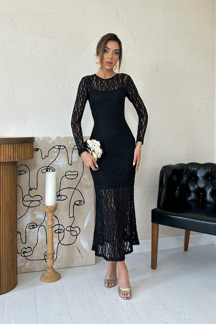 ELS Toptan Siyah Dantelli Uzun Kollu Elbise - San Antonio Enchisi