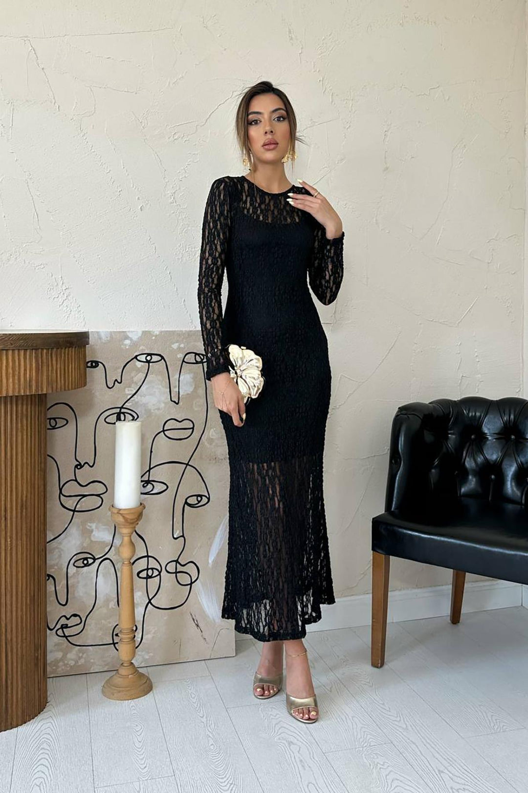 ELS Toptan Siyah Dantelli Uzun Kollu Elbise - San Antonio Enchisi