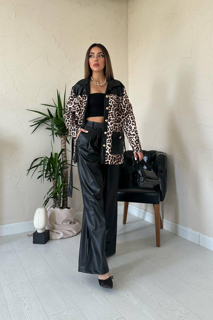 ELS Wholesale Black Leather Trimmed Leopard Suit - Melle