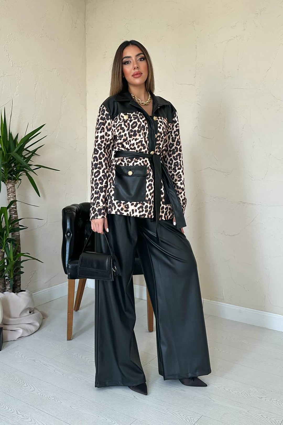 ELS Wholesale Black Leather Trimmed Leopard Suit - Melle