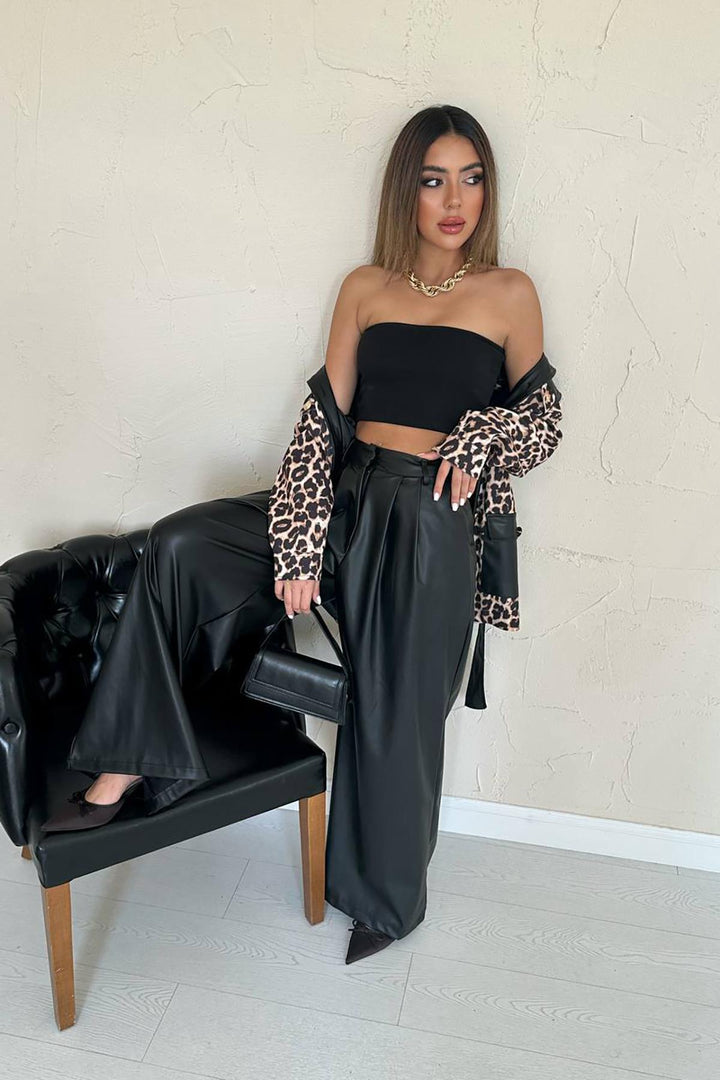 ELS Wholesale Black Leather Trimmed Leopard Suit - Melle