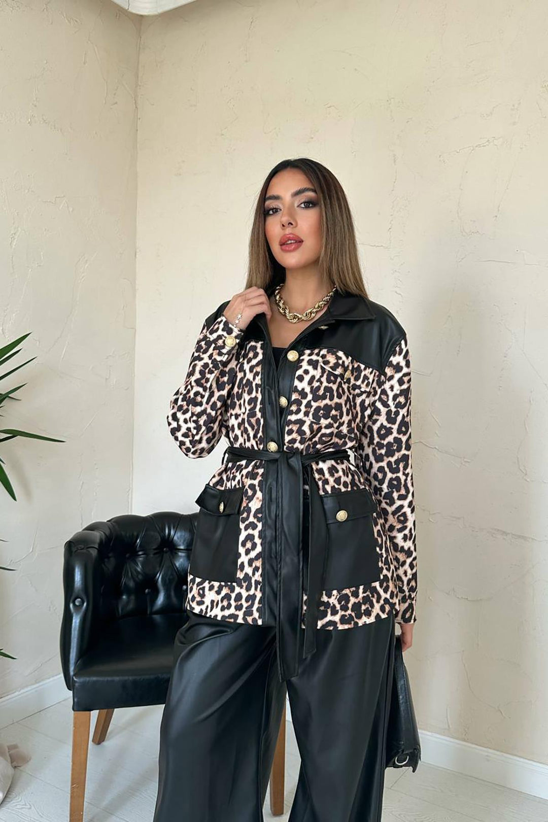 ELS Wholesale Black Leather Trimmed Leopard Suit - Melle