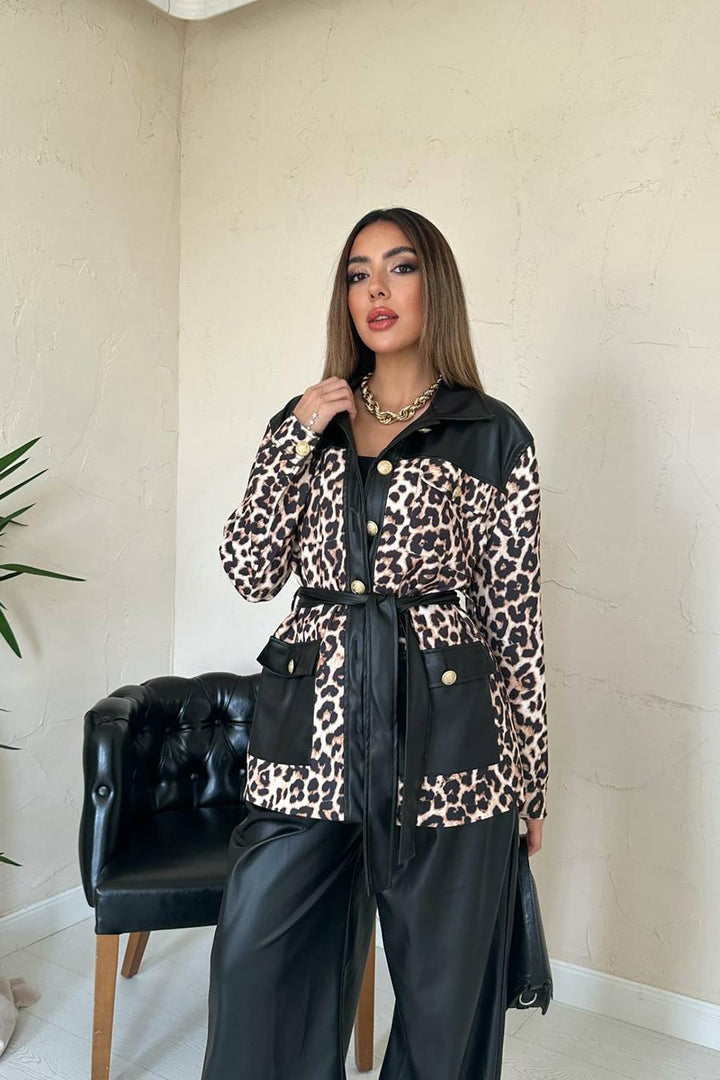 ELS Wholesale Black Leather Trimmed Leopard Suit - Melle