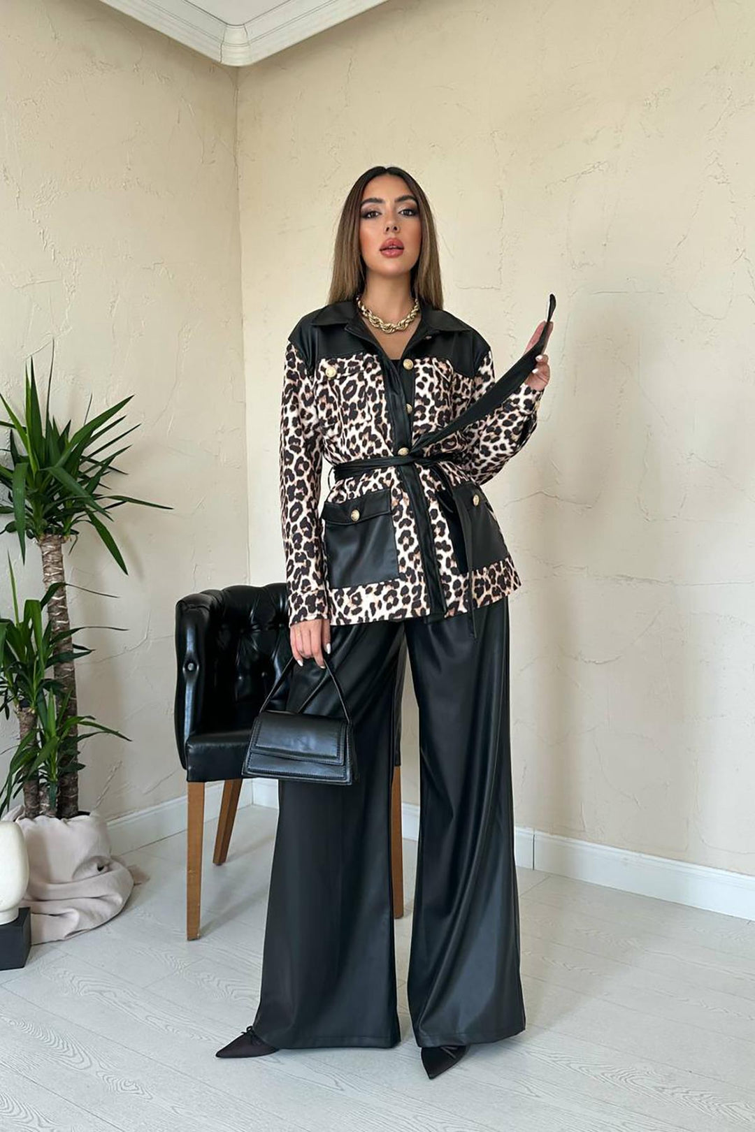 ELS Wholesale Black Leather Trimmed Leopard Suit - Melle