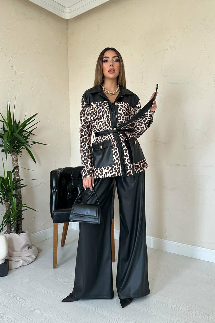 ELS Wholesale Black Leather Trimmed Leopard Suit - Melle