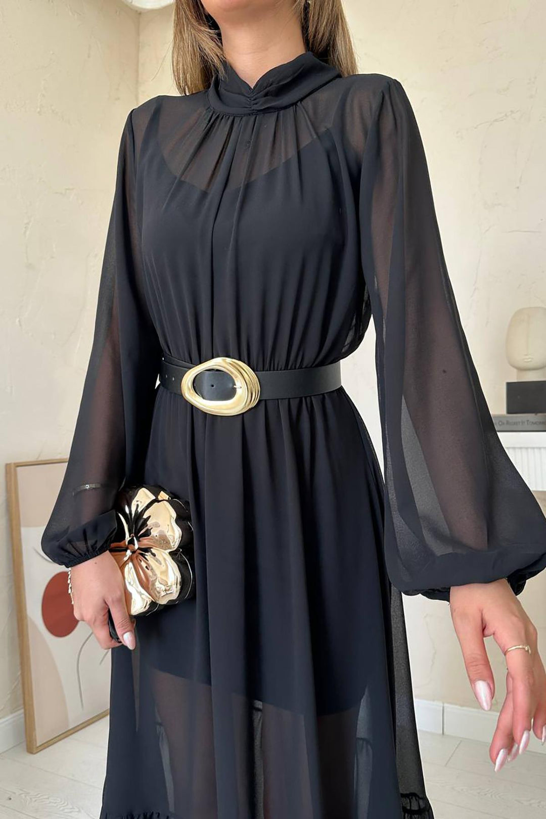 ELS Toptan Siyah Eteği Fırfırlı Şifon Elbise - Cagliari