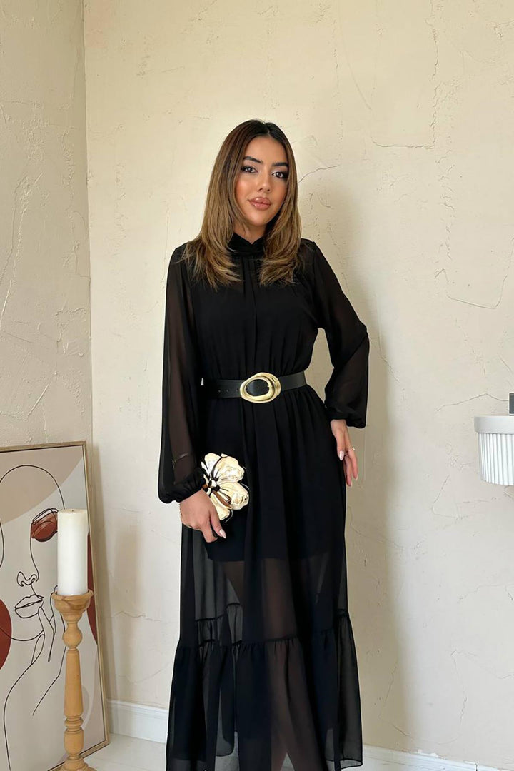 ELS Toptan Siyah Eteği Fırfırlı Şifon Elbise - Cagliari