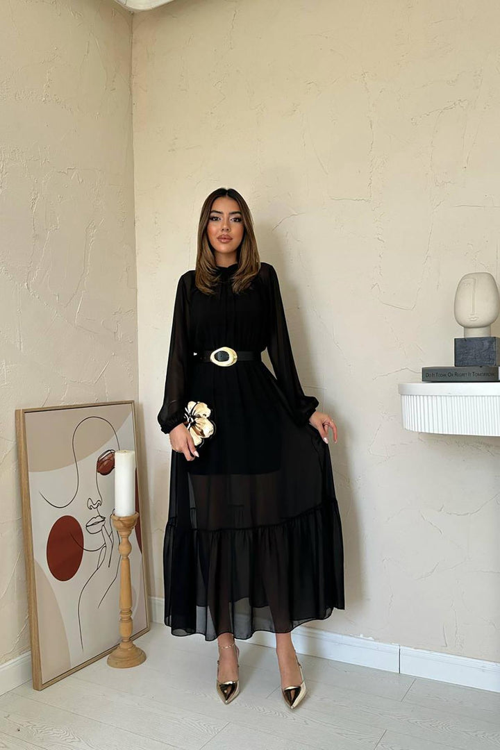 ELS Toptan Siyah Eteği Fırfırlı Şifon Elbise - Cagliari