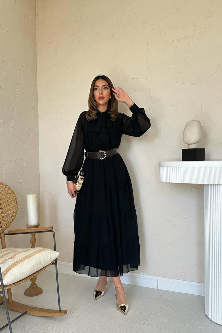 ELS Wholesale Black Scarf Neck Detailed Chiffon Dress - Wyoming