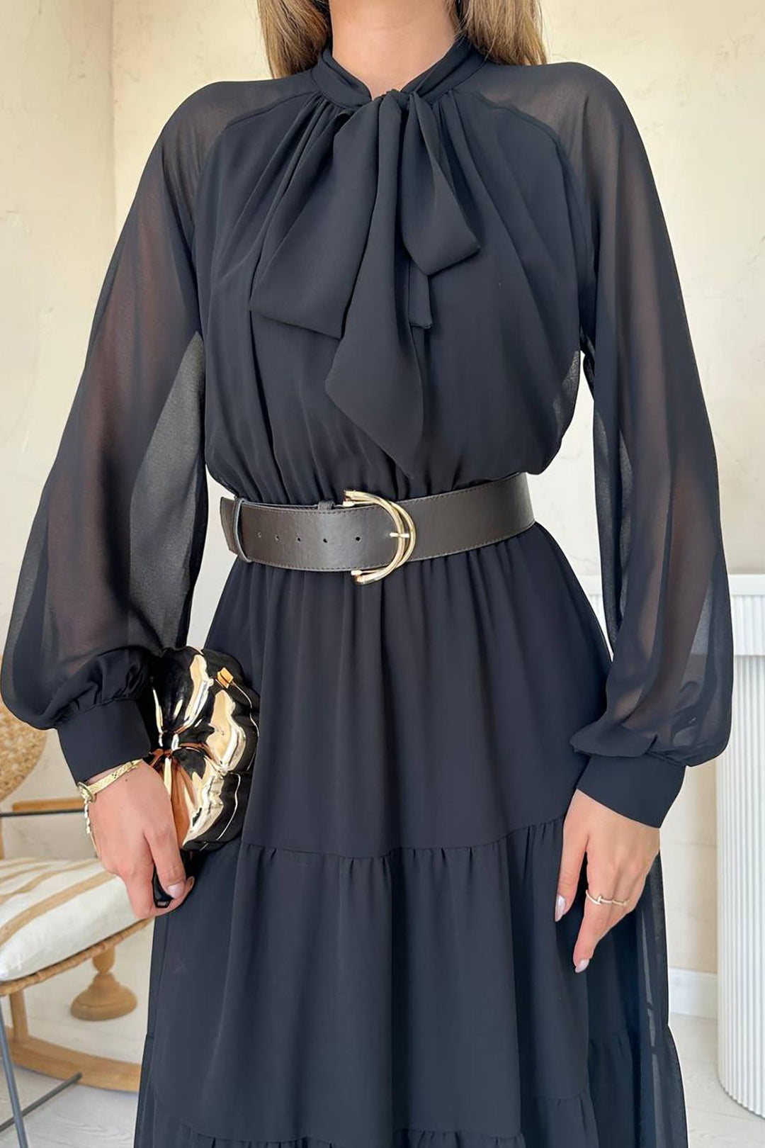 ELS Wholesale Black Scarf Neck Detailed Chiffon Dress - Clovis