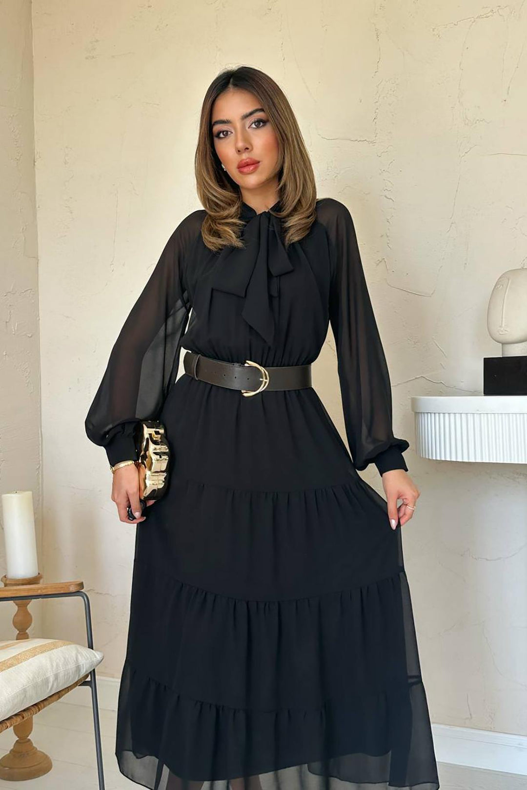 ELS Wholesale Black Scarf Neck Detailed Chiffon Dress - Wyoming