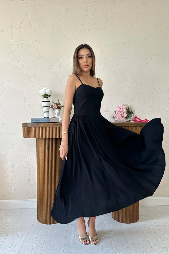 ELS Toptan Siyah Göğüs Kuplu Uzun Büzgülü Elbise - Joplin