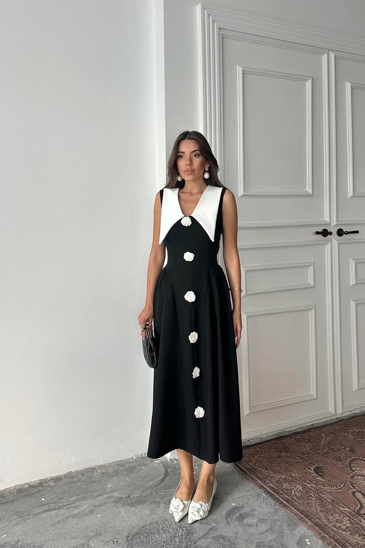 ELS Wholesale Black Rose Detailed Satin Dress - Cheshunt