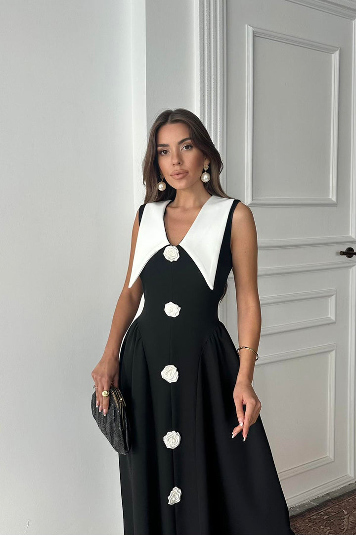 ELS Wholesale Black Rose Detailed Satin Dress - Cheshunt