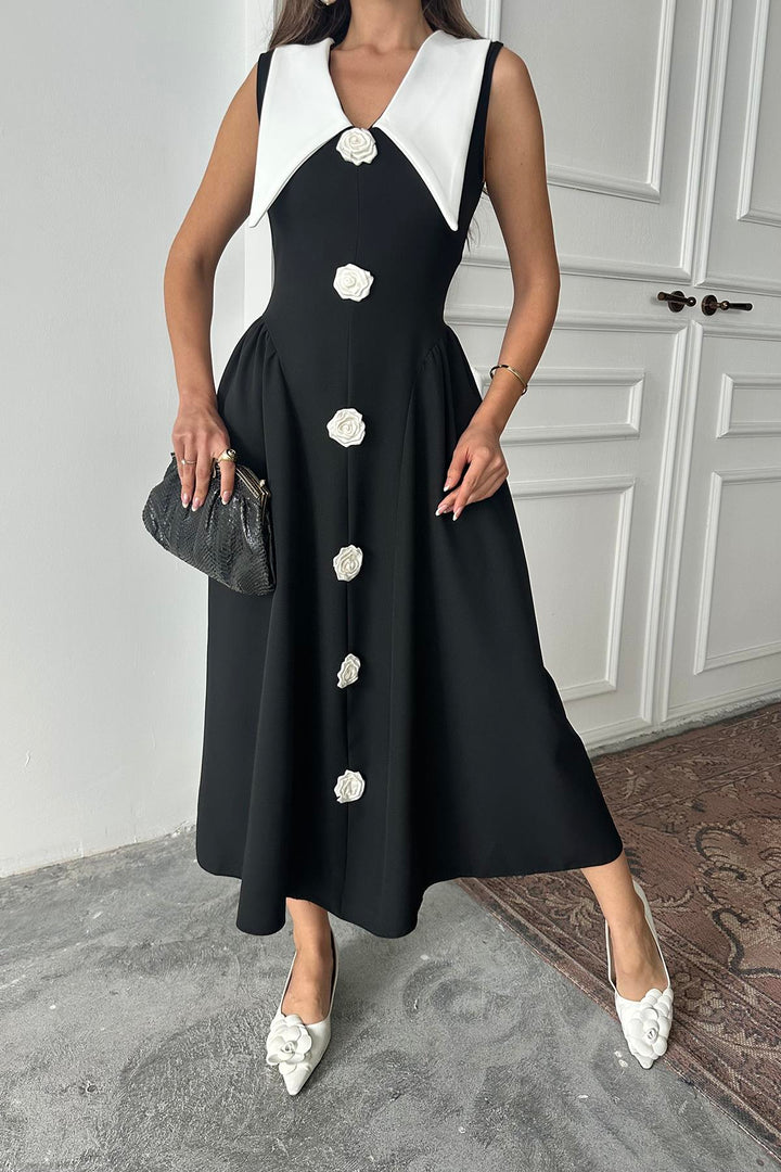 ELS Wholesale Black Rose Detailed Satin Dress - Cheshunt