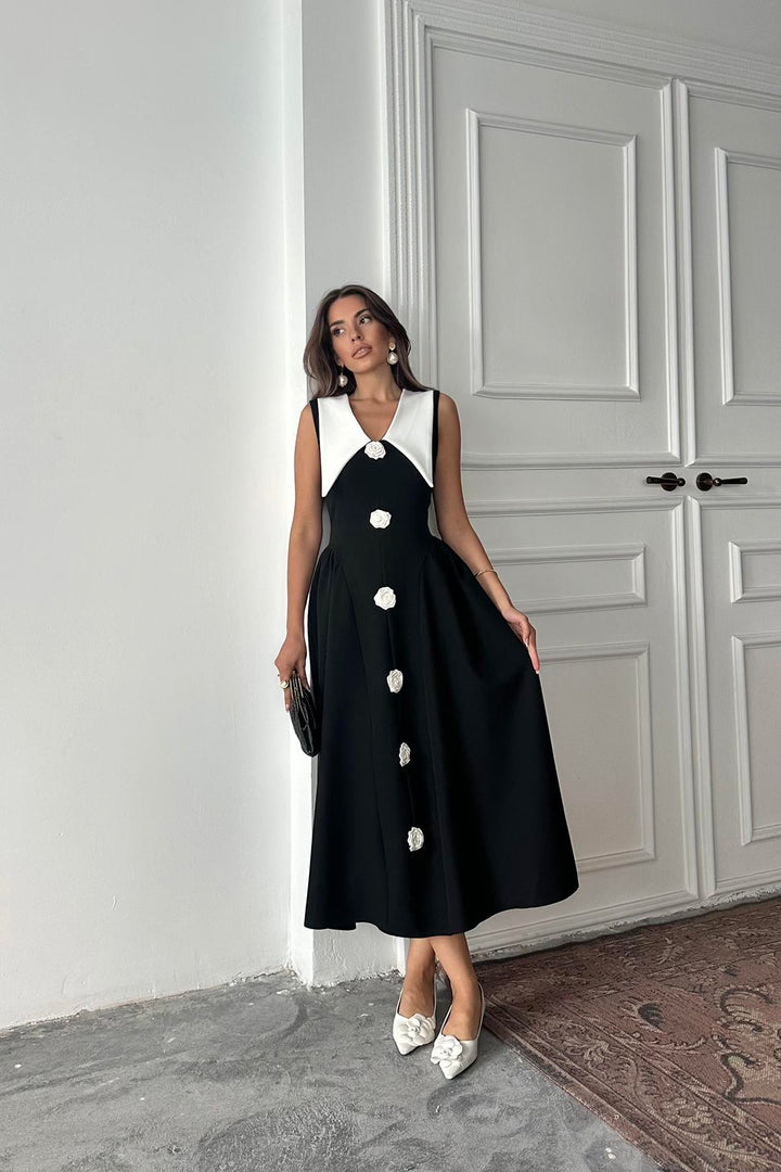 ELS Wholesale Black Rose Detailed Satin Dress - Cheshunt