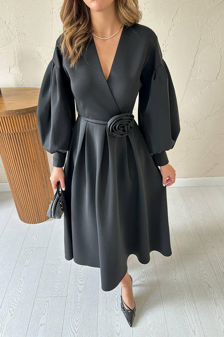 ELS Wholesale Black Rose Detailed Scuba Dress - Motril