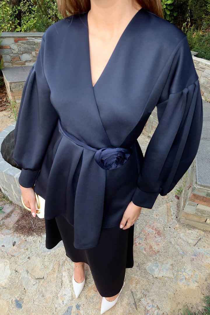 ELS Wholesale Black Rose Detailed Scuba Dress - Hanau