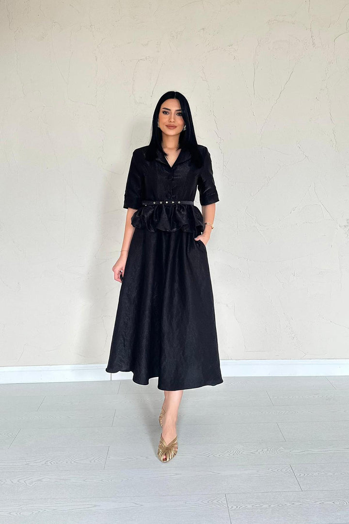 ELS Wholesale Black Thin Belted Ruffled Jacket and Ruched Skirt Set - La Mirada