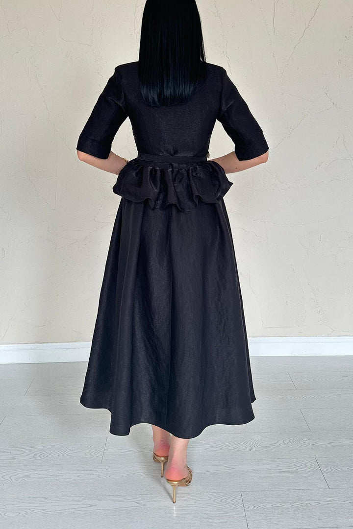 ELS Wholesale Black Thin Belted Ruffled Jacket and Ruched Skirt Set - La Mirada