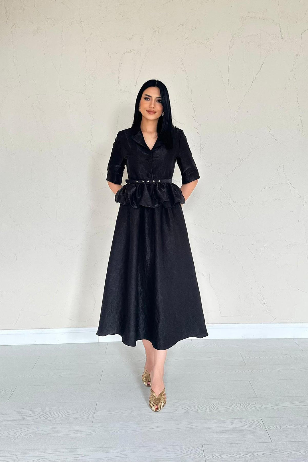 ELS Wholesale Black Thin Belted Ruffled Jacket and Ruched Skirt Set - La Mirada